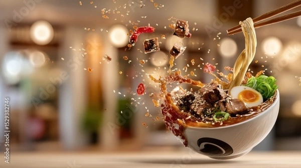 Obraz Mid-air ramen bowl with spicy broth splashes over a softly blurred ramen shop background