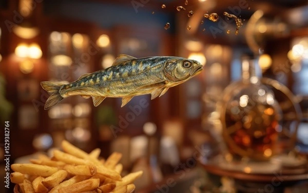 Obraz Hovering fish and chips with malt vinegar spray over a softly blurred nautical pub interior background