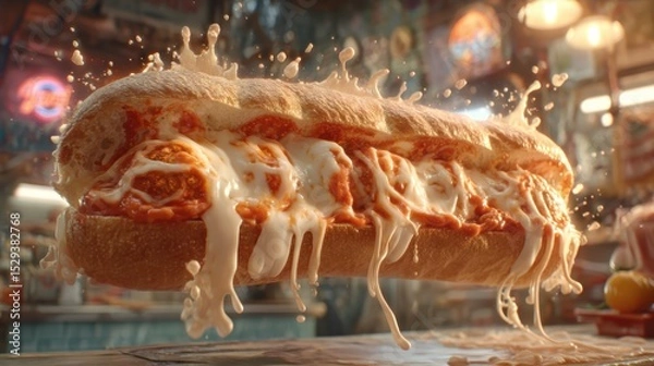 Obraz Floating meatball sub with melted mozzarella string splashes over a softly blurred sandwich shop background