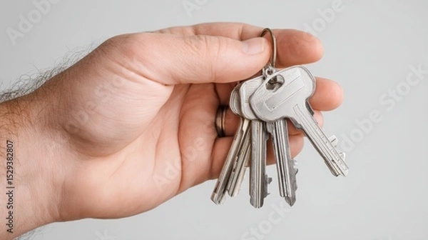 Fototapeta Editorial style image of a human hand on a white background holding a set of silver keys