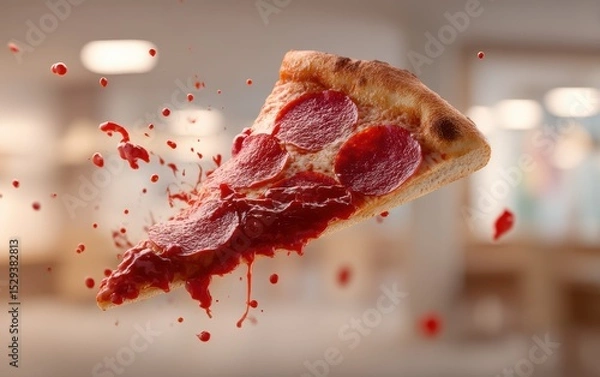 Obraz Levitating slice of pepperoni pizza with marinara sauce splatters on a softly blurred pizzeria background