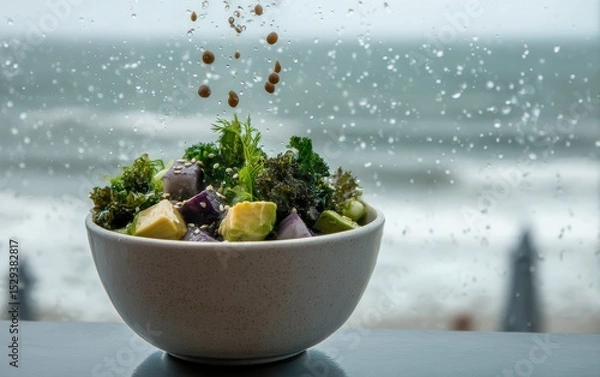 Obraz Levitating poke bowl ingredients tossing with soy ginger dressing droplets against a softly blurred seaside cafÃ© background