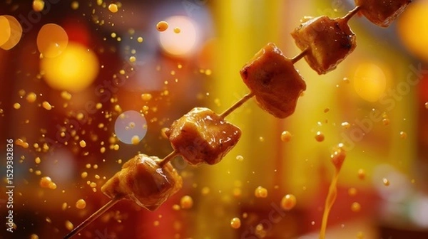 Obraz Floating chicken tikka skewers with curry sauce splatters against a softly blurred Indian restaurant background