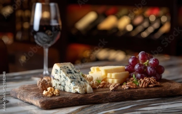 Obraz Gourmet cheese board with brie, blue cheddar, grapes and walnuts on a marble surface with softly blurred wine cellar background