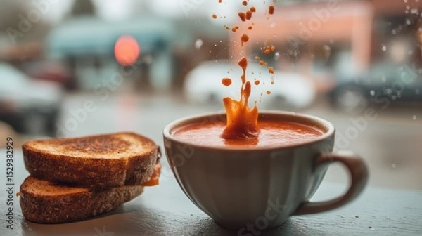 Obraz Hovering grilled cheese sandwich with tomato soup bursts over a softly blurred bistro interior backdrop