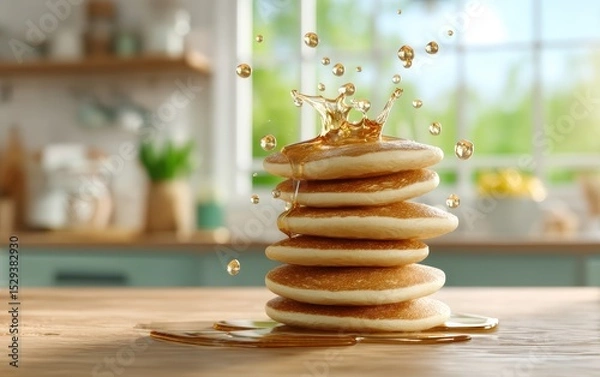 Obraz Suspended stack of fluffy pancakes bursting with golden maple syrup droplets over a softly blurred country kitchen backdrop