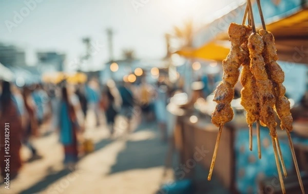 Obraz Suspended chicken satay skewers with peanut sauce drizzle against a softly blurred outdoor market background