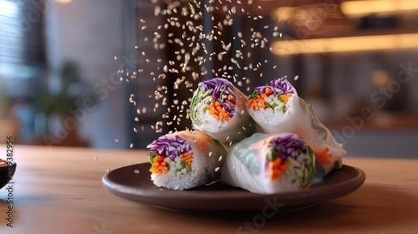 Obraz Hovering veggie spring rolls with sweet chili dip splashes against a softly blurred Asian fusion kitchen backdrop