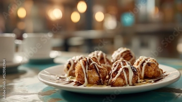 Obraz Weightless buffalo cauliflower bites with blue cheese drizzle against a softly blurred craft brewery backdrop