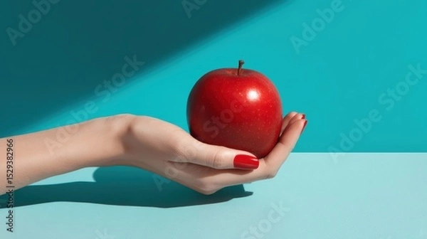Obraz Isolated shot of a human hand cradling a glossy red apple on a sunlit turquoise background