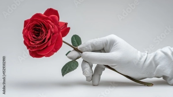 Obraz Artistic macro photograph of a human hand on a white background gently holding a single red rose bloom