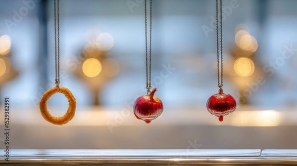 Obraz Suspended golden onion rings with tangy ketchup drizzle over a softly blurred diner counter backdrop