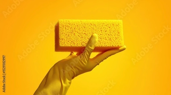 Obraz Minimal product style shot of a human hand on a white background wearing a yellow rubber cleaning glove holding a sponge