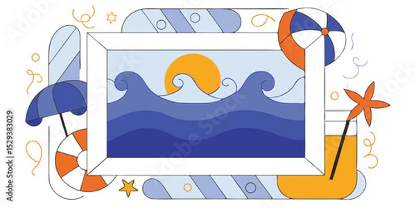Obraz Vector illustration of a summer beach vacation with a car, sun, and sea, perfect for a travel and tourism concept design