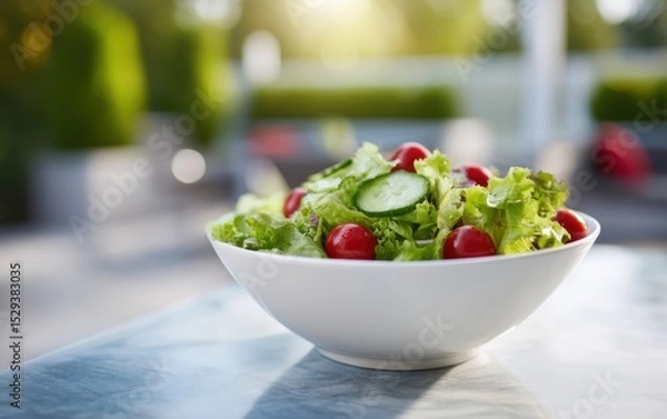 Obraz Fresh garden salad of mixed greens, cherry tomatoes and cucumber in a white bowl with softly blurred sunlit outdoor patio background