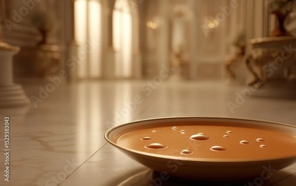 Obraz Floating bowl of creamy tomato bisque with basil oil droplets against a softly blurred elegant dining room backdrop