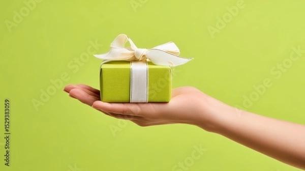 Obraz Studio shot of a human hand presenting a small gift box tied with ribbon against a bright lime green background