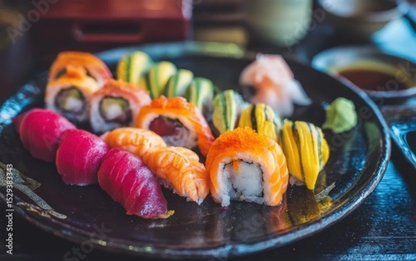 Fototapeta Cinematic overhead shot of a colorful sushi assortment on a glossy black plate with softly blurred Japanese restaurant interior background