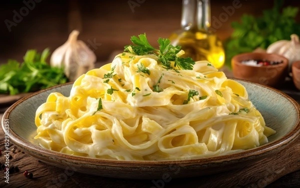 Fototapeta Creamy fettuccine alfredo garnished with parsley in a rustic ceramic dish with softly blurred Italian trattoria background