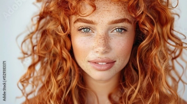 Fototapeta Flowing rose gold curly hair naturally luminous voluminous exuding elegance and charm