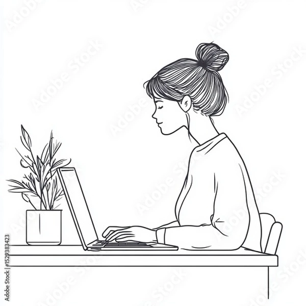 Fototapeta A simple line drawing of a woman working on the desk typing the laptop and looking at the monitor