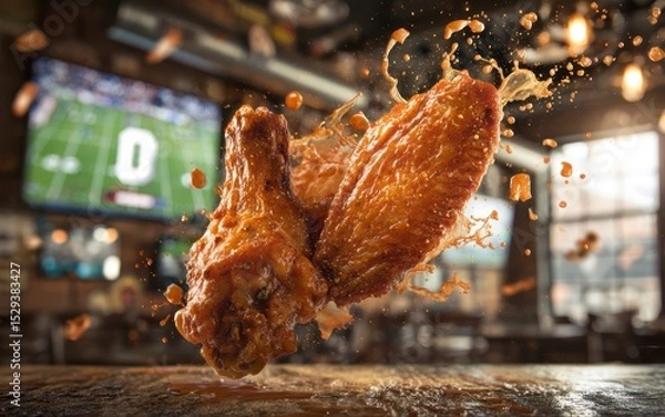 Fototapeta Floating chicken wings with spicy buffalo sauce splashes over a softly blurred sports bar backdrop
