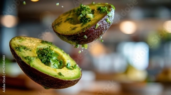Fototapeta Hovering avocado halves with cilantro lime dressing jets against a softly blurred brunch cafe background