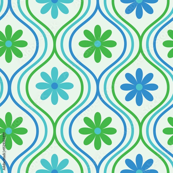 Fototapeta  Retro blue , green and teal  flowers seamless pattern on vintage ogee oval waves on off white background. For home décor, wallpaper and fabric
