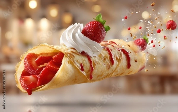 Fototapeta Hovering dessert crepe with strawberry coulis and whipped cream splatters on a softly blurred bistro interior background