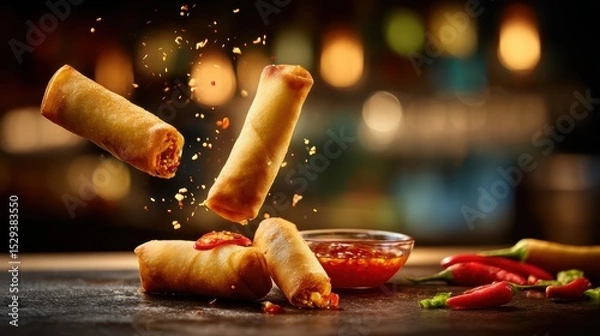 Fototapeta Hovering veggie spring rolls with sweet chili dip splashes against a softly blurred Asian fusion kitchen backdrop