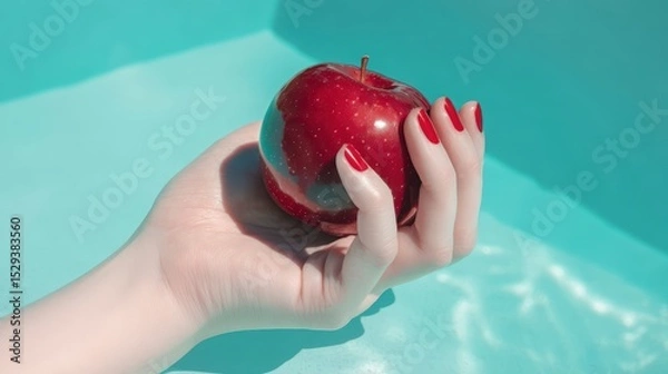 Fototapeta Isolated shot of a human hand cradling a glossy red apple on a sunlit turquoise background