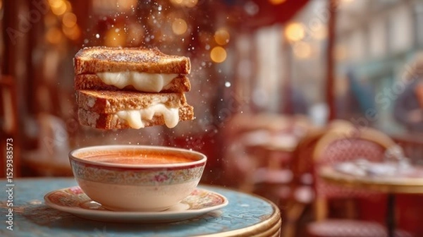 Fototapeta Hovering grilled cheese sandwich with tomato soup bursts over a softly blurred bistro interior backdrop