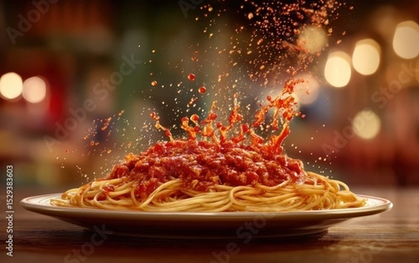 Fototapeta Levitating plate of spaghetti bolognese with rich tomato meat sauce splashes against a softly blurred trattoria interior background