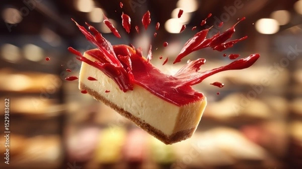 Fototapeta Mid-air cheesecake slice with vibrant strawberry coulis bursts over a softly blurred patisserie display background