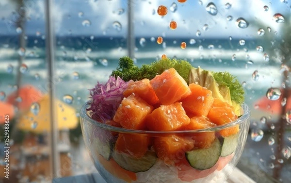Fototapeta Levitating poke bowl ingredients tossing with soy ginger dressing droplets against a softly blurred seaside cafÃ© background