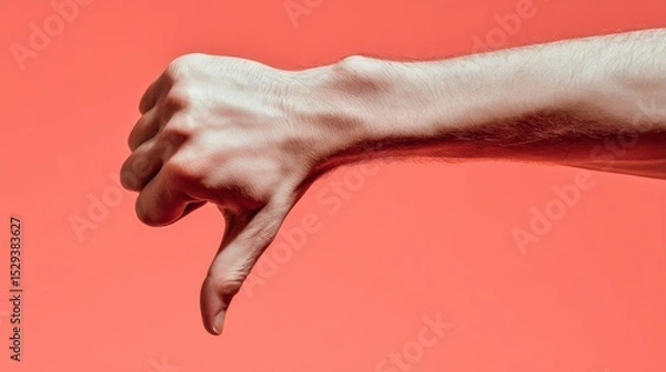 Fototapeta Minimalist composition of a human hand showing a thumbs down gesture on a bright coral backdrop