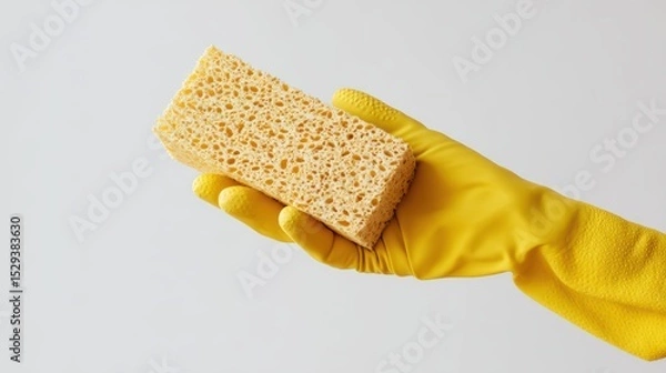 Fototapeta Minimal product style shot of a human hand on a white background wearing a yellow rubber cleaning glove holding a sponge