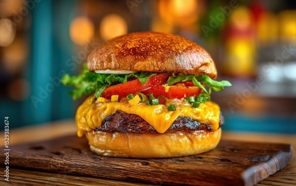 Fototapeta Mouthwatering gourmet cheeseburger with lettuce, tomato and melted cheese on a wooden board with softly blurred retro diner background