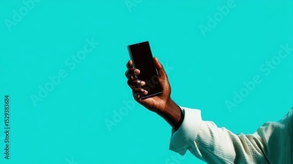Fototapeta Professional product photo of a human hand gripping a sleek smartphone on a vibrant teal background