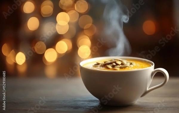 Fototapeta Steaming bowl of creamy pumpkin soup topped with pumpkin seeds on a wooden table with softly blurred cozy kitchen background