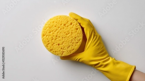 Fototapeta Minimal product style shot of a human hand on a white background wearing a yellow rubber cleaning glove holding a sponge