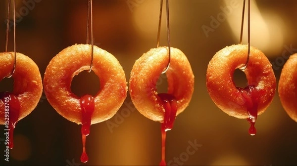 Fototapeta Suspended golden onion rings with tangy ketchup drizzle over a softly blurred diner counter backdrop