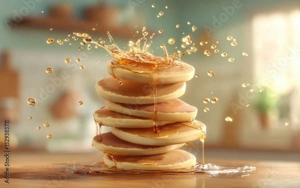 Fototapeta Suspended stack of fluffy pancakes bursting with golden maple syrup droplets over a softly blurred country kitchen backdrop