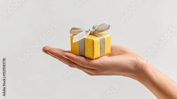 Fototapeta Studio close up of a human hand on a white background presenting a small gift box tied with ribbon