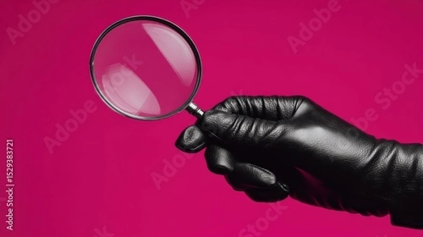 Fototapeta Minimalist artistic shot of a human hand wearing a black leather glove holding a magnifying glass on a bright fuchsia backdrop