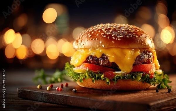 Fototapeta Mouthwatering gourmet cheeseburger with lettuce, tomato and melted cheese on a wooden board with softly blurred retro diner background