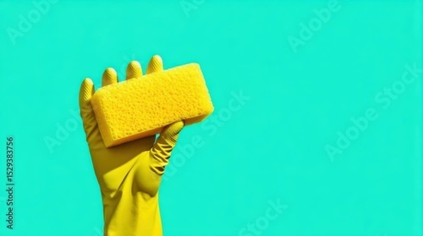 Fototapeta Minimalist product style of a human hand in a yellow rubber glove holding a sponge on a bright aqua background