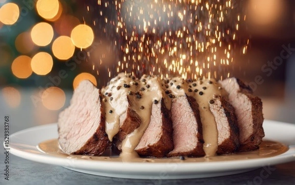 Fototapeta Weightless grilled steak slice surrounded by peppercorn sauce jets against a softly blurred upscale steakhouse background