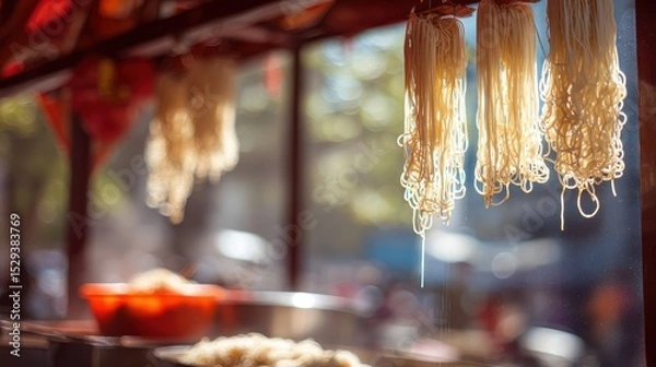 Fototapeta Weightless pad thai noodles with peanut sauce arcs against a softly blurred street food stall background
