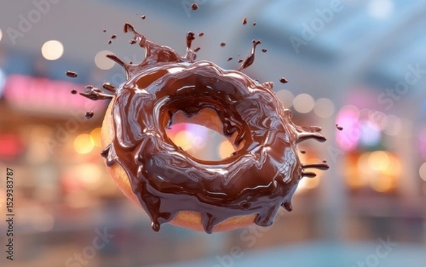Fototapeta Airborne chocolate glazed donut erupting with glossy chocolate icing splatters on a softly blurred cafÃ© scene background